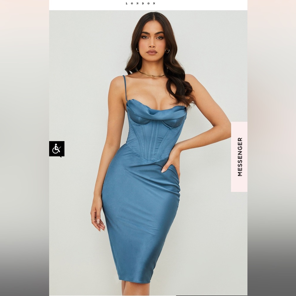 House of CB "Myrna" Satin Corset Midi Dress in Aegean Blue | Size: Large